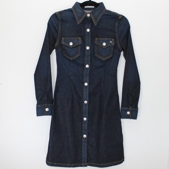 ALEXA CHUNG for AG DENIM Pixie Denim Shirt Dress Stretch Dark Denim Snap XS - Picture 16 of 16